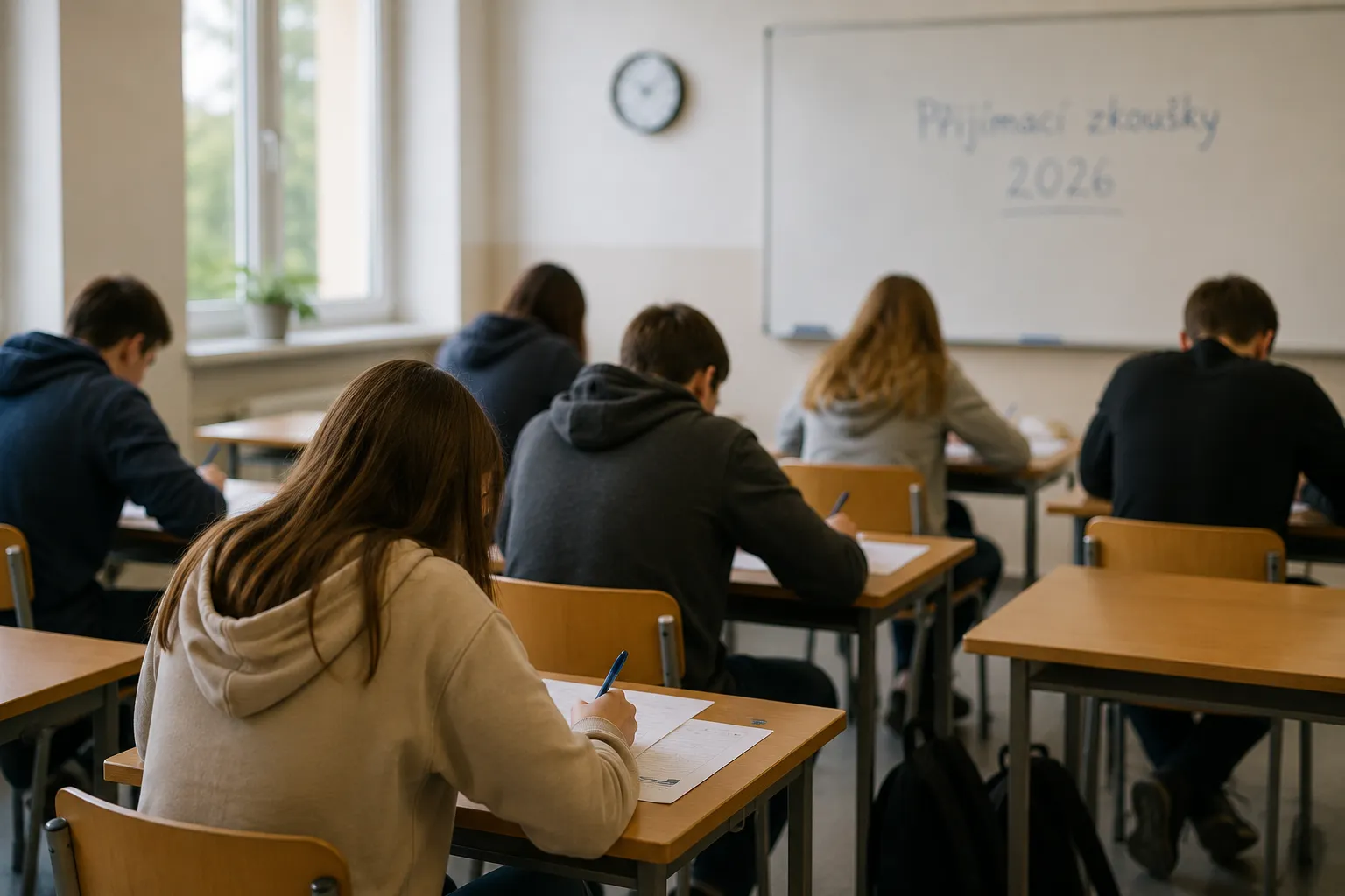 Studenti během přij&iacute;mac&iacute;ch zkou&scaron;ek 2026 ve tř&iacute;dě při vyplňov&aacute;n&iacute; testů CERMAT, foceno zezadu bez viditeln&yacute;ch obličejů.